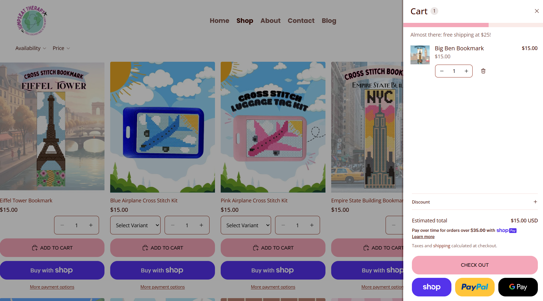 JumpSeat Therapy Shopify cart and product grid